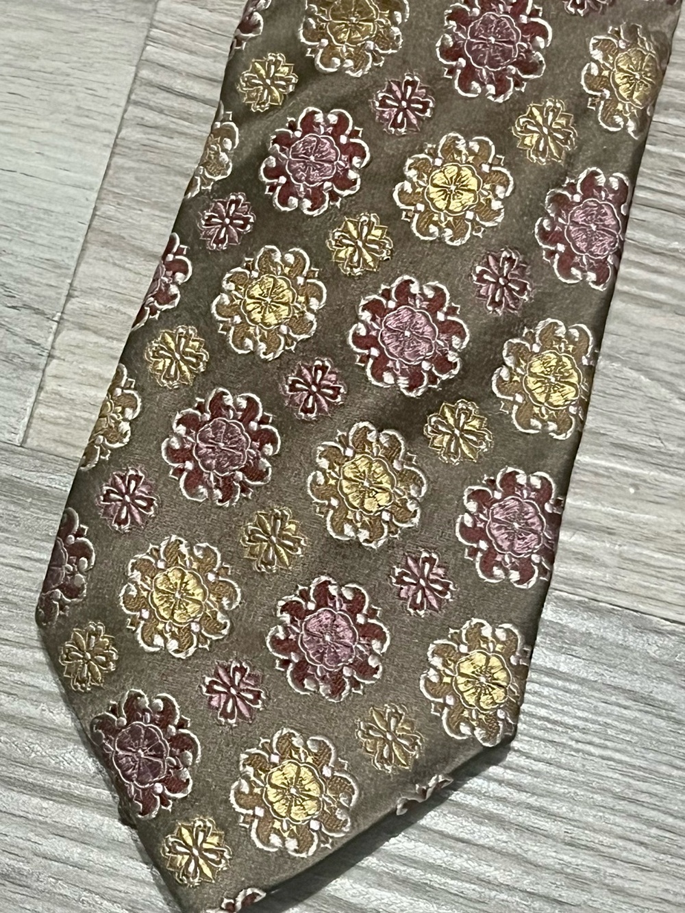 Canali Brown Silk Tie with Gold and Burgundy Floral Medallions Made in Italy